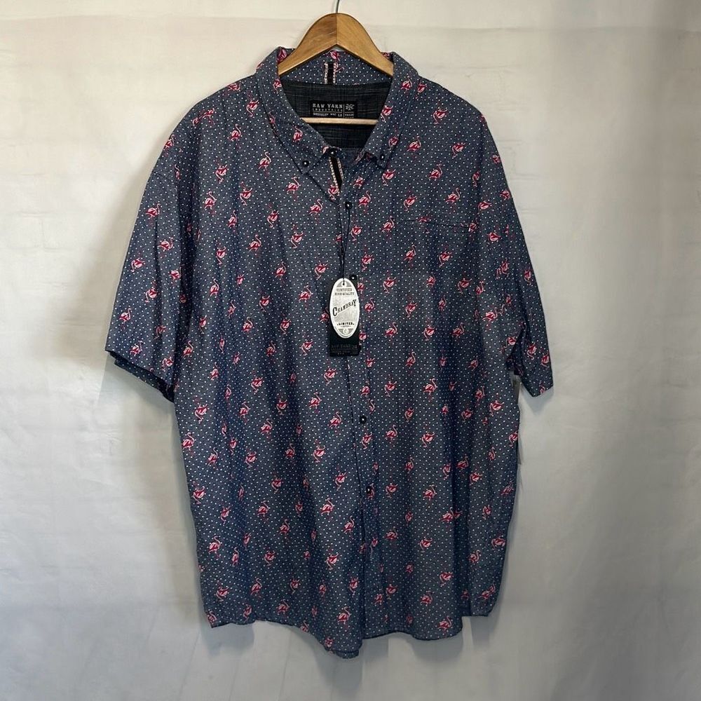 Raw Yarn‎ Shirt Mens Blue Short Sleeve Button Down Flamingo Chambray Cotton 4XL